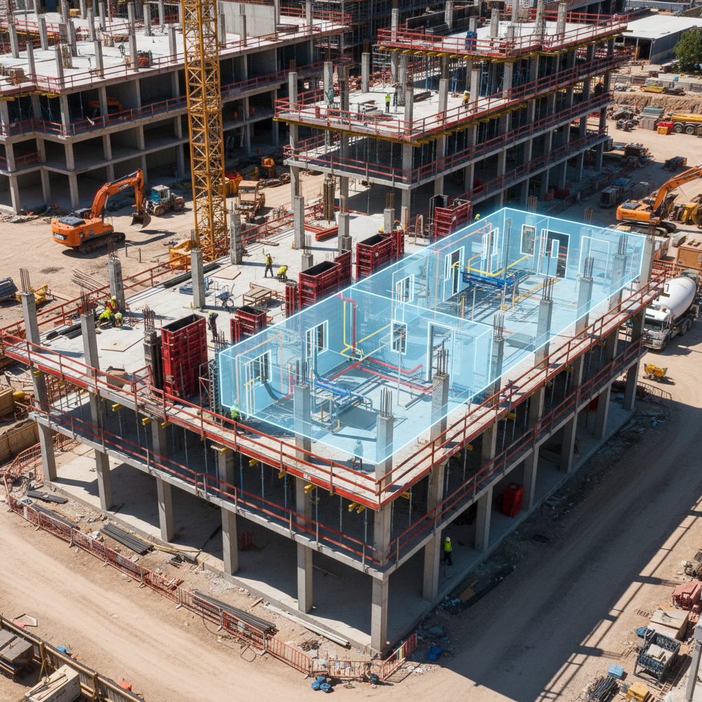 A detailed, photorealistic depiction of a construction site overlaid with an augmented digital twin model. The physical site shows partially built concrete structures, scaffolding, and equipment on a clear day, while semi-transparent, precisely aligned BIM-style 3D geometry hovers over columns and walls, revealing the planned final form. Fine wireframe edges and color-coded layers indicate structural, mechanical, and electrical systems. Natural midday sunlight casts crisp shadows across the ground, while the digital overlay emits a subtle inner glow for contrast. Captured from an elevated, three-quarter angle, the composition emphasizes how reality capture data and planning information merge seamlessly, projecting a professional, engineering-focused atmosphere.