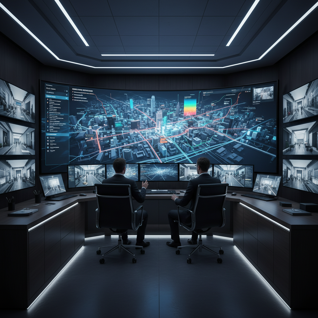 A highly realistic office control room focused on a large, ultra-wide curved screen displaying a complex city-scale digital twin. The screen shows 3D buildings, transit lines, and infrastructure layers, with sections highlighted in vivid color gradients and animated data trails. Around the main display, secondary monitors show zoomed-in virtual tours of streets and building interiors. The room features sleek dark furnishings and subtle LED accent strips, lit by dim, controlled ambient lighting that emphasizes the brightness and clarity of the visualizations. Shot from slightly behind and above the primary workstation, the composition centers the panoramic digital twin view, creating a focused, analytical, and professional mood for strategic decision-making content.
