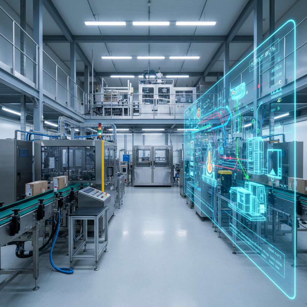 An ultra-detailed, photorealistic interior of a modern industrial facility with its digital twin hovering alongside. The physical environment shows machinery, conveyor systems, and steel structures, while directly next to it a semi-transparent 3D twin model displays live sensor overlays, rotating status icons, and colored flow paths. Cool, even overhead LED lighting creates clean reflections on metal surfaces and subtle shadows beneath equipment. The digital twin glows softly in blues and greens, suggesting real-time monitoring. Captured at eye level with a slightly wide lens, the composition leads the viewer’s eye from the real equipment to the virtual model, conveying precision, efficiency, and professional analytics in action.
